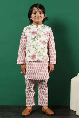 floral cotton regular fit boys kurta pyjama jacket set - pink