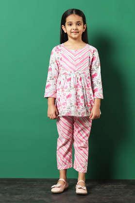 floral cotton regular fit girls kurta palazzo set - pink