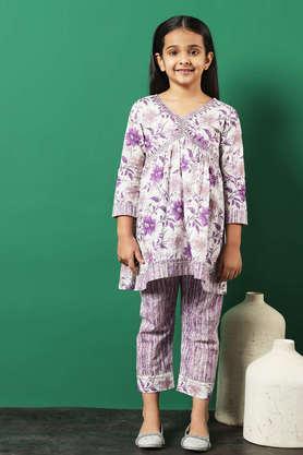 floral cotton regular fit girls kurta palazzo set - purple