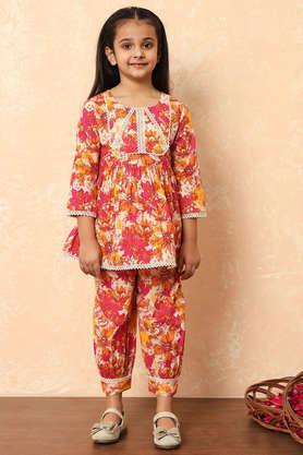 floral cotton regular fit girls kurti pant set - pink