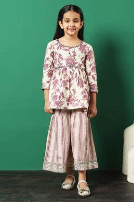 floral cotton regular fit girls kurti sharara set - mauve