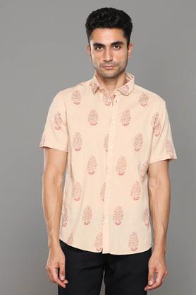 floral cotton regular fit men's casual shirt - natural