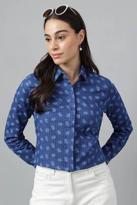 floral cotton regular fit women's shirt - blue