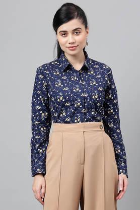 floral cotton regular fit women's shirt - navy