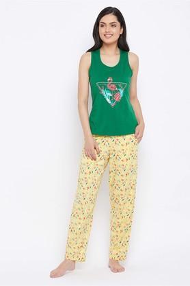 floral cotton regular fit women's top and pyjama set - green