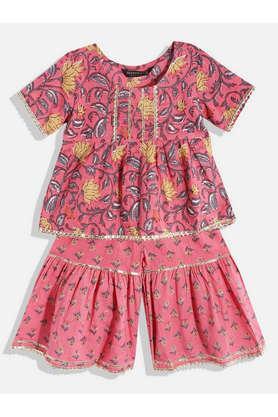 floral cotton round neck girls kurta with sharara - pink