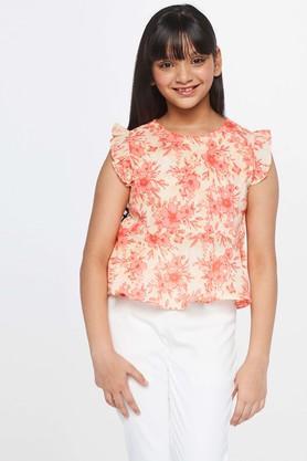 floral cotton round neck girls top - coral