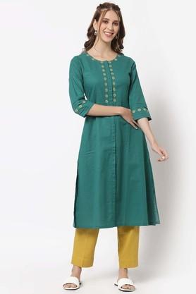 floral cotton round neck women's a line kurta - green