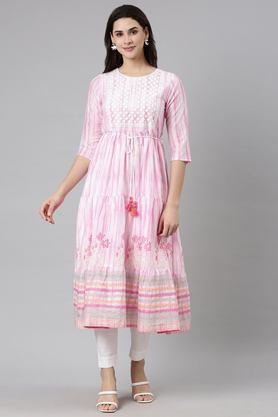 floral cotton round neck women's casual wear ethnic dress - pink
