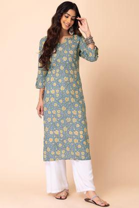 floral cotton round neck women's casual wear kurta - blue