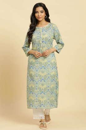 floral cotton round neck women's casual wear kurta - green