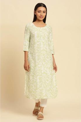 floral cotton round neck women's casual wear kurta - green