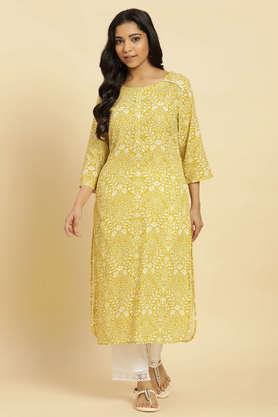 floral cotton round neck women's casual wear kurta - green