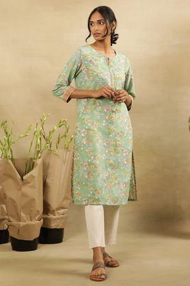 floral cotton round neck women's casual wear kurta - green