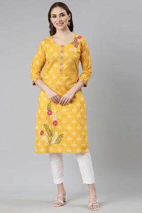 floral cotton round neck women's casual wear kurta - mustard