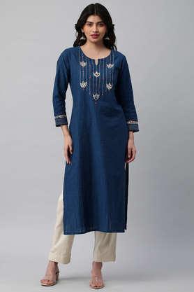 floral cotton round neck women's casual wear kurta - navy