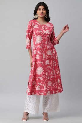 floral cotton round neck women's casual wear kurta - pink
