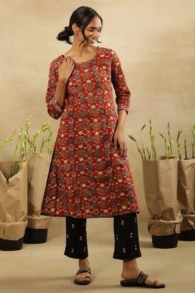 floral cotton round neck women's casual wear kurta - red