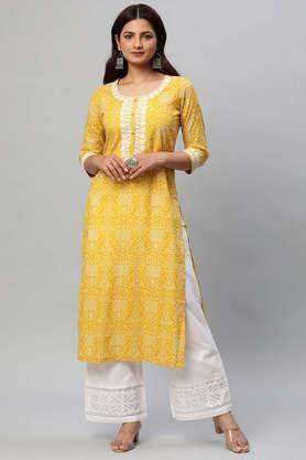 floral cotton round neck women's casual wear kurta - yellow