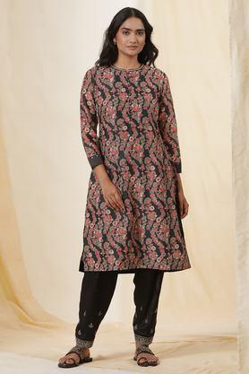 floral cotton round neck women's festive wear kurta - black