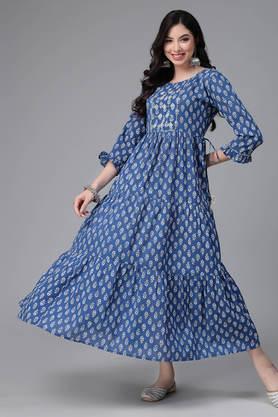 floral cotton round neck women's festive wear kurta - blue