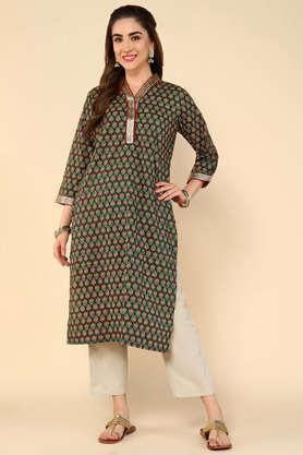 floral cotton round neck women's festive wear kurta - green