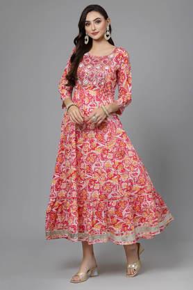 floral cotton round neck women's festive wear kurta - pink