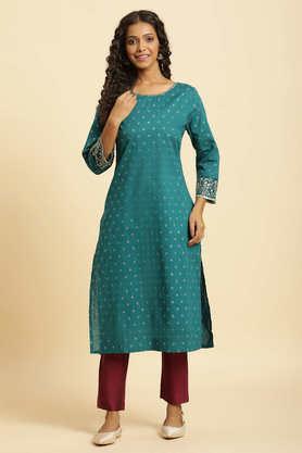 floral cotton round neck women's festive wear kurta - teal