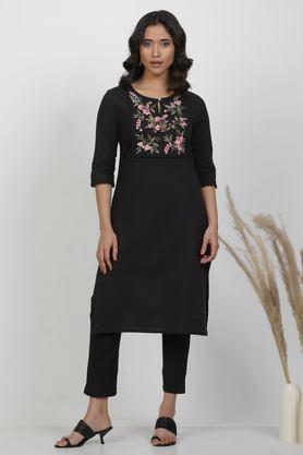 floral cotton round neck women's kurta - black