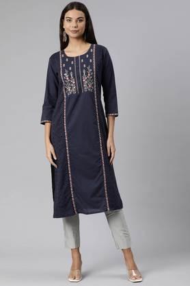 floral cotton round neck women's kurta - blue