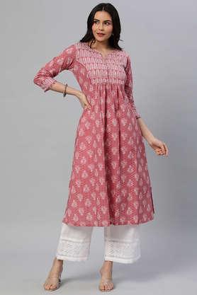 floral cotton round neck women's kurta - peach