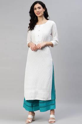 floral cotton round neck women's kurta - white