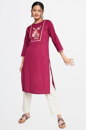 floral cotton round neck women's kurta - wine