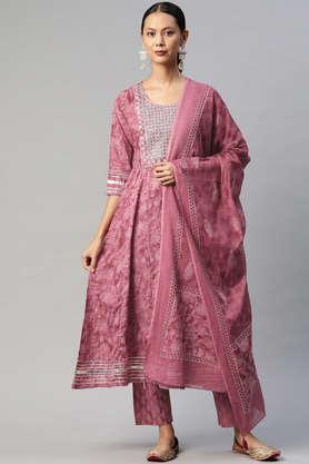 floral cotton round neck women's kurta palazzo dupatta set - mauve