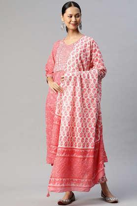 floral cotton round neck women's kurta palazzo dupatta set - pink