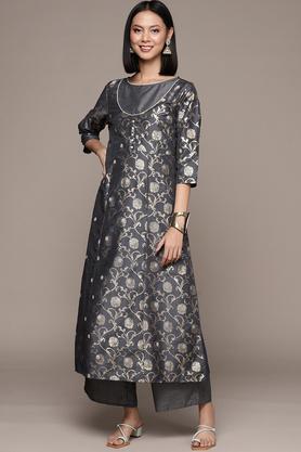 floral cotton round neck women's kurta palazzo set - grey