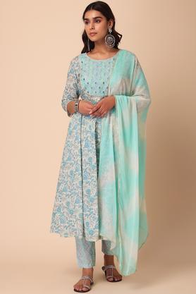 floral cotton round neck women's kurta palazzo set - white