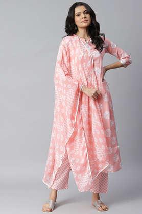 floral cotton round neck women's kurta pant dupatta set - pink
