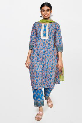 floral cotton round neck women's kurta pant dupatta set - turquoise