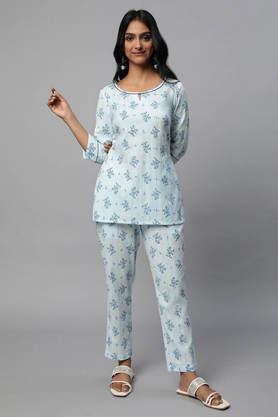 floral cotton round neck women's kurta trouser set - blue