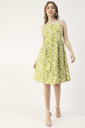 floral cotton round neck women's maxi dress - lime green