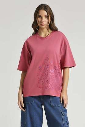 floral cotton round neck women's oversized t-shirt - pink