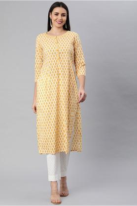 floral cotton round neck women's straight kurta - yellow