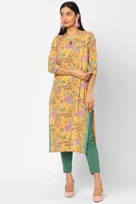 floral cotton round neck women's straight kurta - yellow