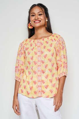 floral cotton round neck women's straight top - yellow