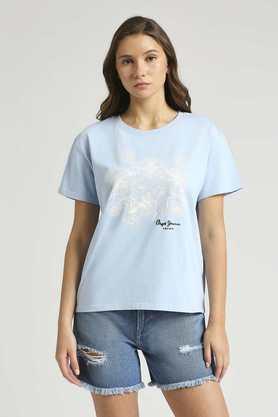 floral cotton round neck women's t-shirt - light blue