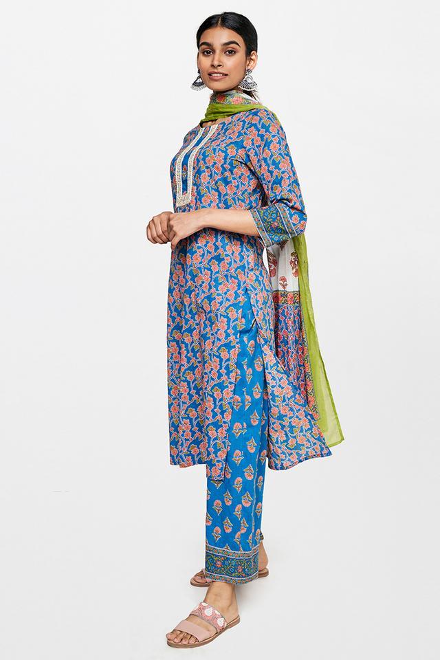 floral cotton round neck womens kurta pant dupatta set