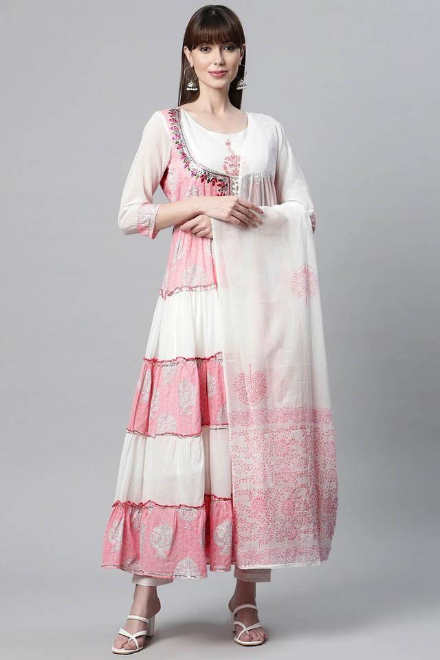 floral cotton round neck womens kurta with dupatta