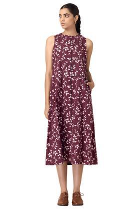 floral cotton round neck womens midi dress - maroon