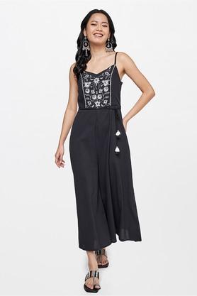 floral cotton sleeveless women's ankle length jumpsuit - black